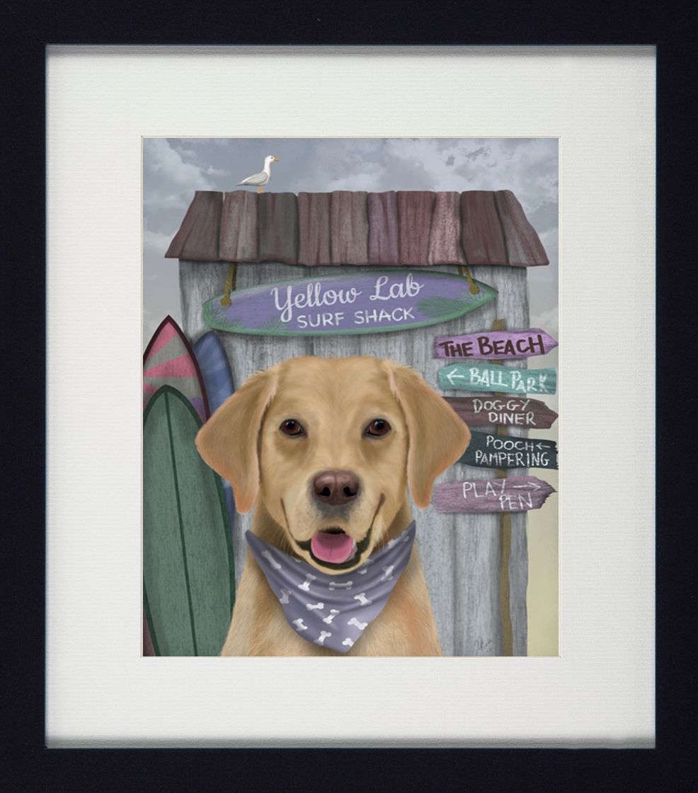 Surf Shack Companions I | Quirky Dog & Coastal Art | Framed Print with White Mount