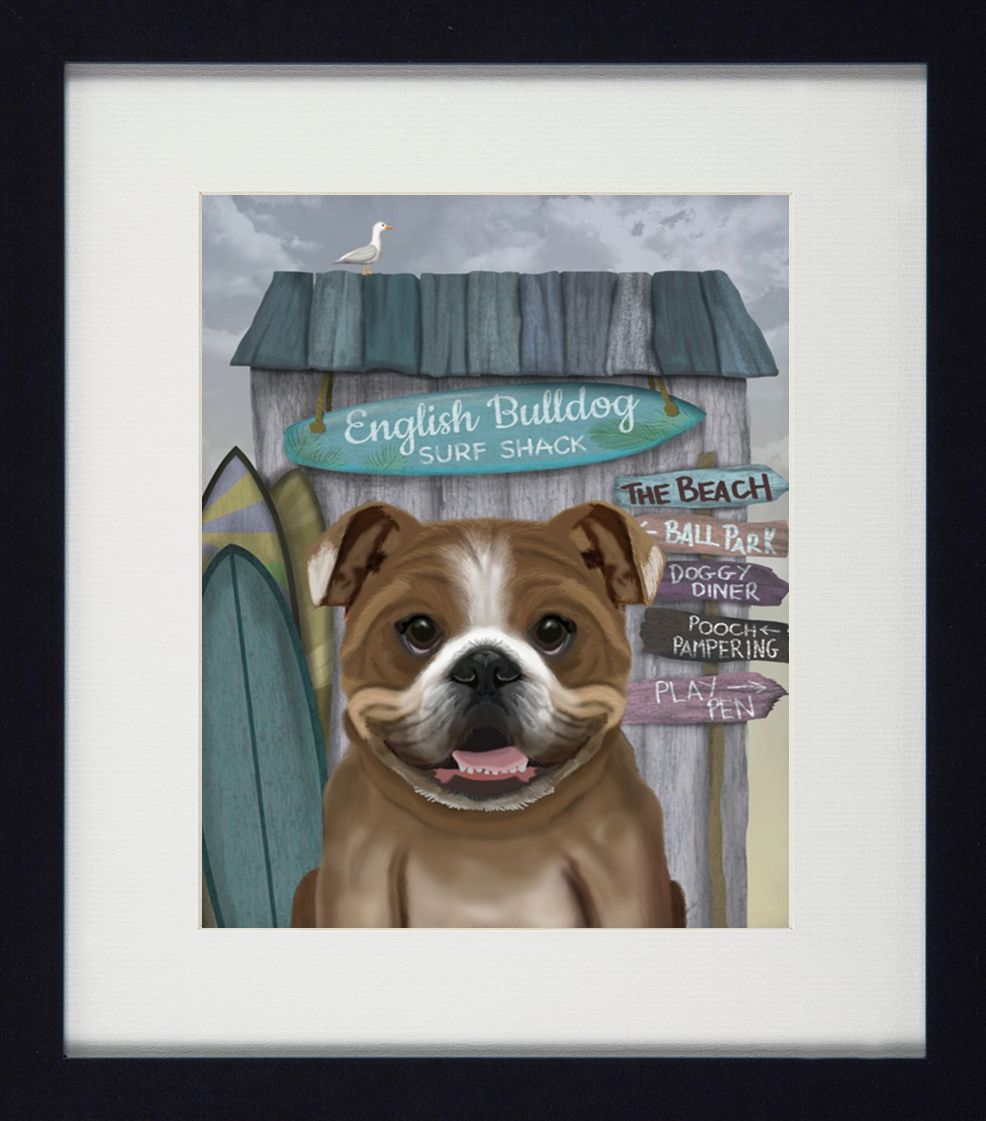 Surf Shack Companions II | Quirky Dog & Coastal Art | Framed Print with White Mount