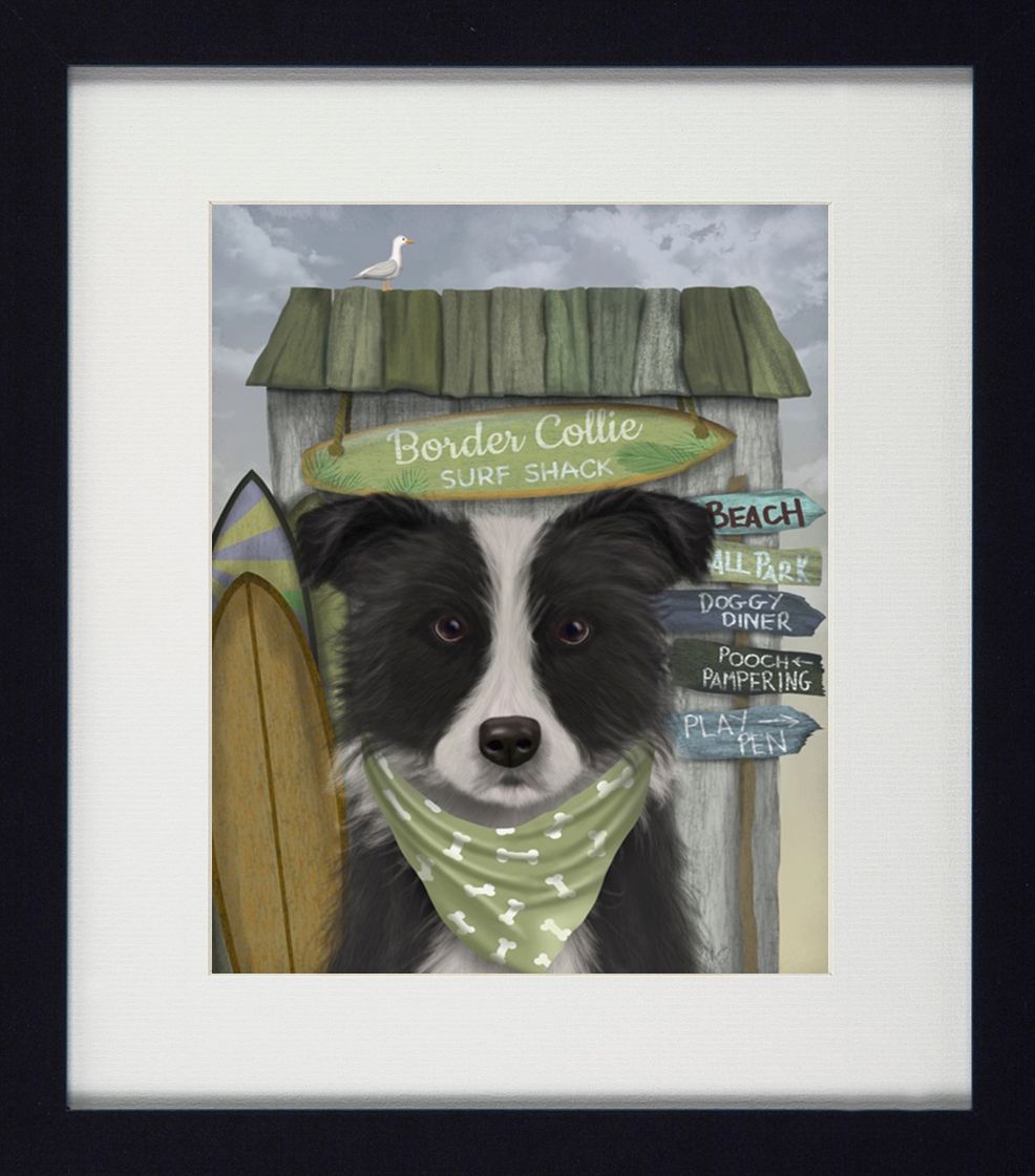 Surf Shack Companions III | Quirky Dog & Coastal Art | Framed Print with White Mount