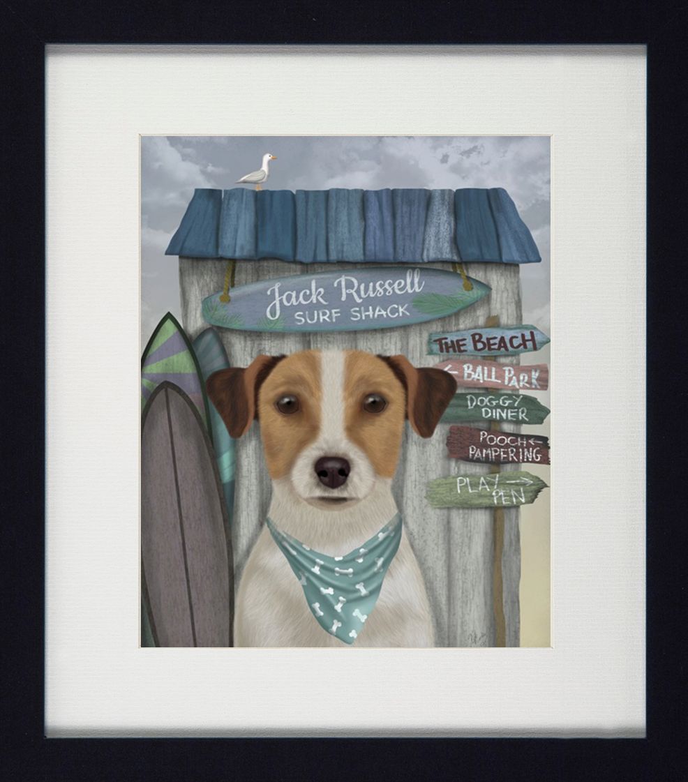 Surf Shack Companions V | Quirky Dog & Coastal Art | Framed Print with White Mount