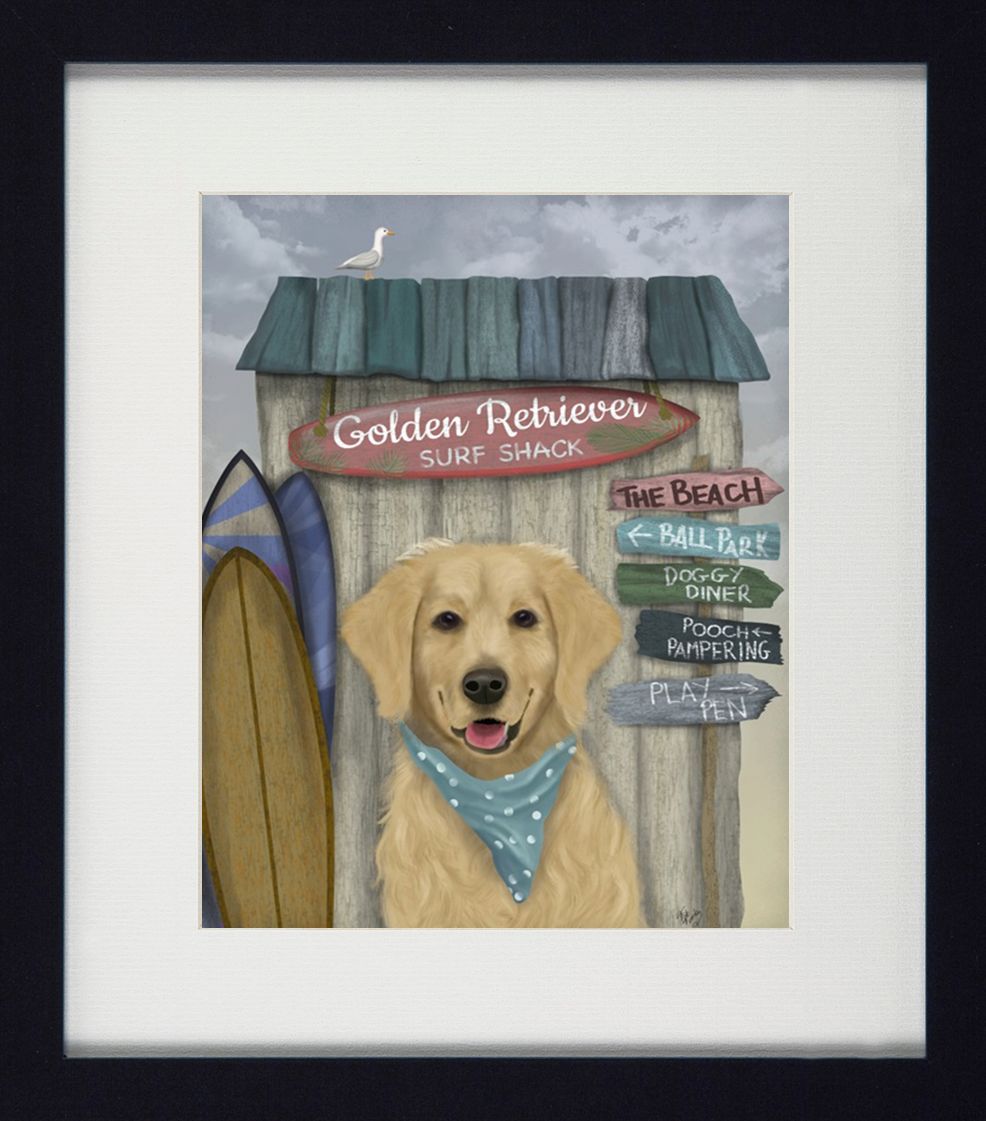 Surf Shack Companions VI | Quirky Dog & Coastal Art | Framed Print with White Mount