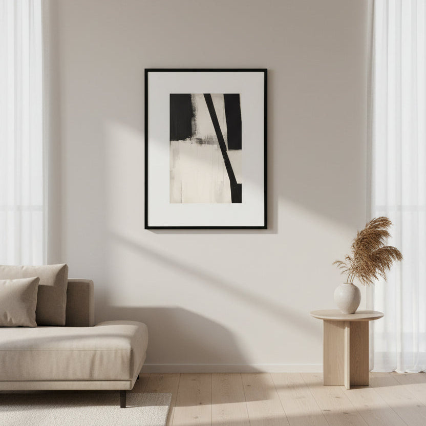 Abstract art print with black and white brush strokes on a light background