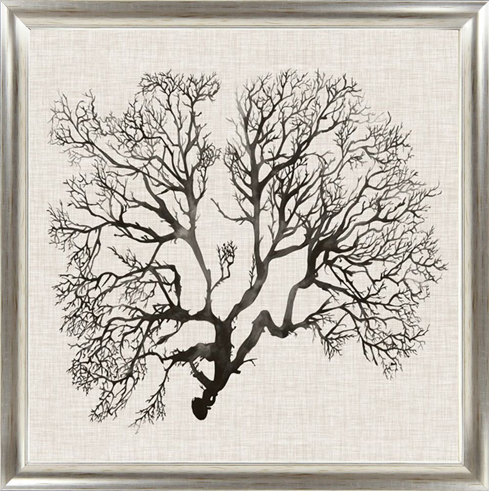 Framed artwork of a black tree silhouette on a textured white background