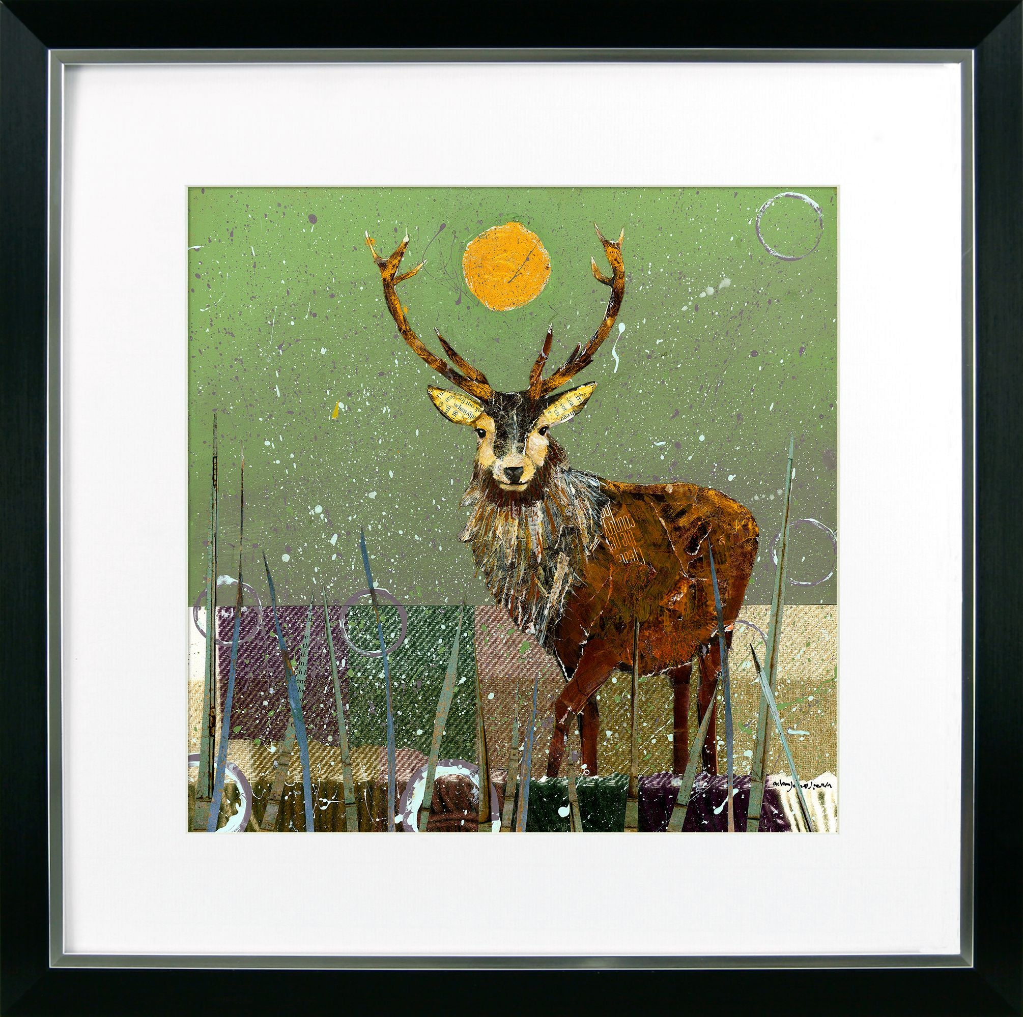 Framed artwork of a deer with a stylized background