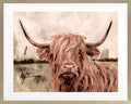 Artistic depiction of a highland cow with long horns on a water background