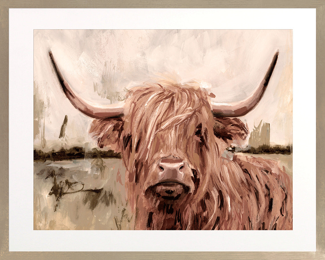 Artistic depiction of a highland cow with long horns on a water background