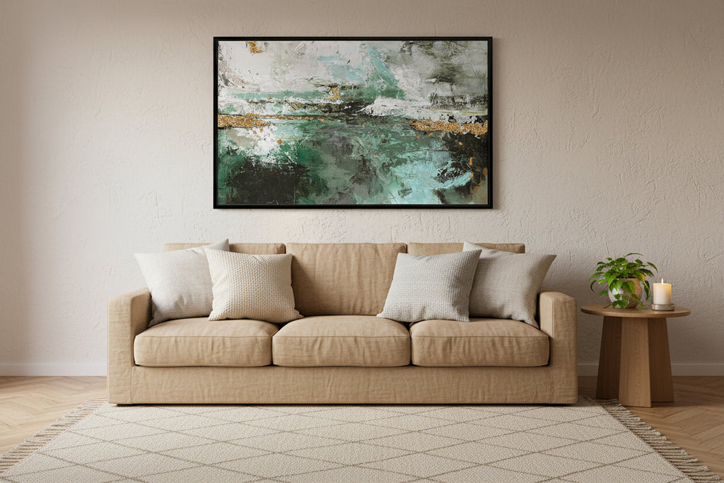 Abstract art piece with green, black, and gold tones on a white background