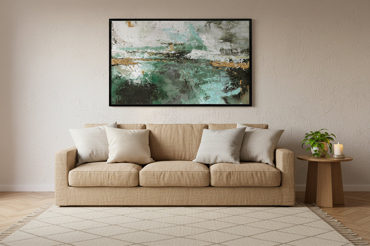Abstract art piece with green, black, and gold tones on a white background