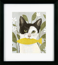 Framed artwork of a cat with a fish illustration on a floral background