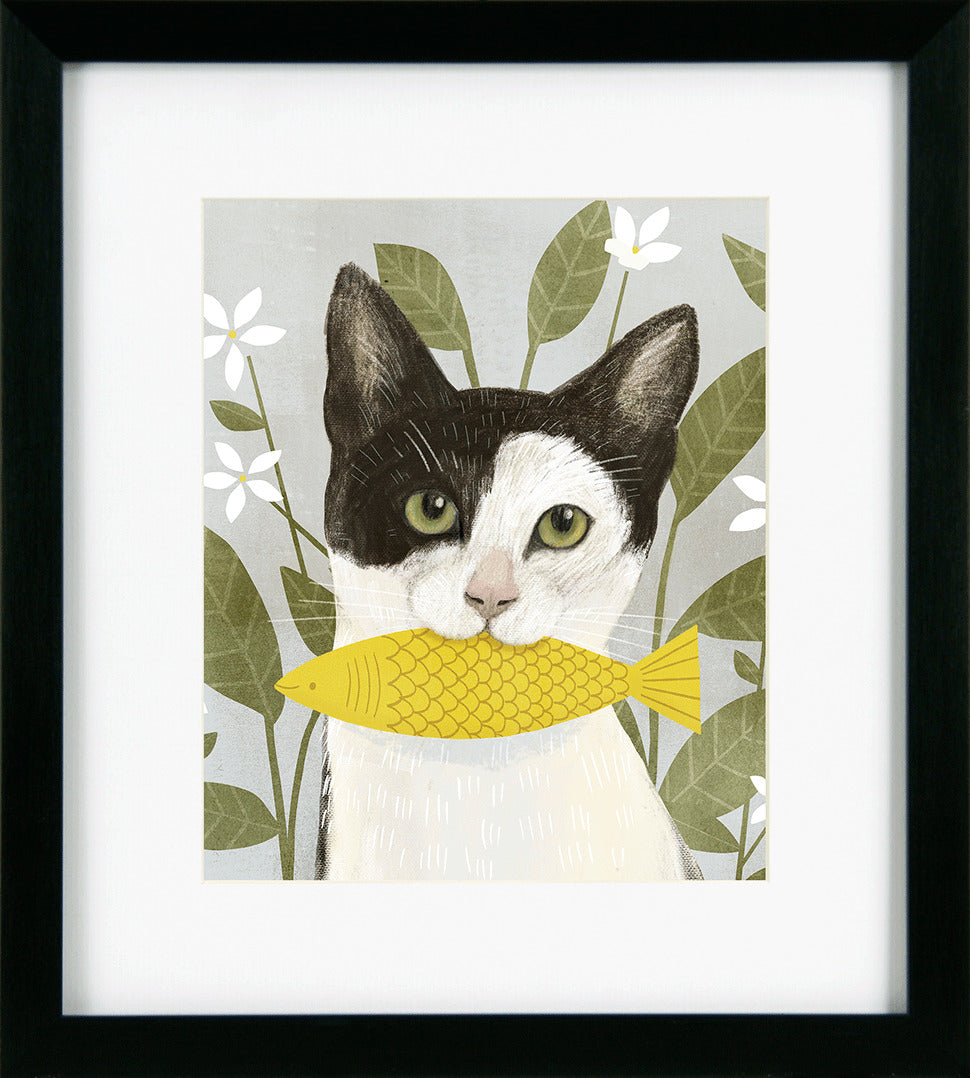 Framed artwork of a cat with a fish illustration on a floral background