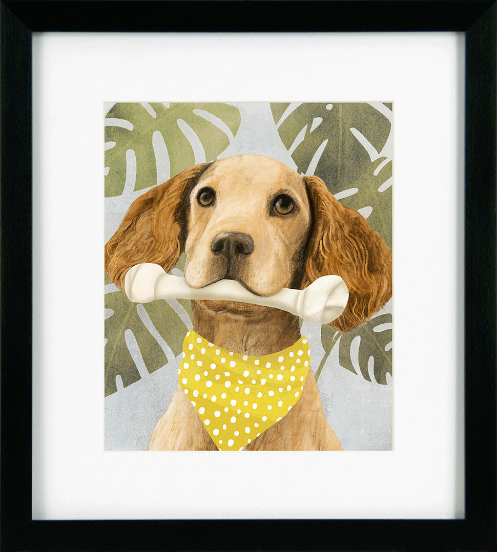 Framed artwork of a dog holding a bone with a yellow bandana against a leafy background