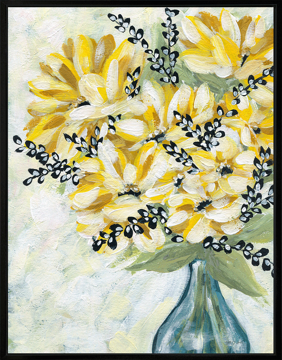 Painting of yellow and white flowers with black details in a blue vase on a light background