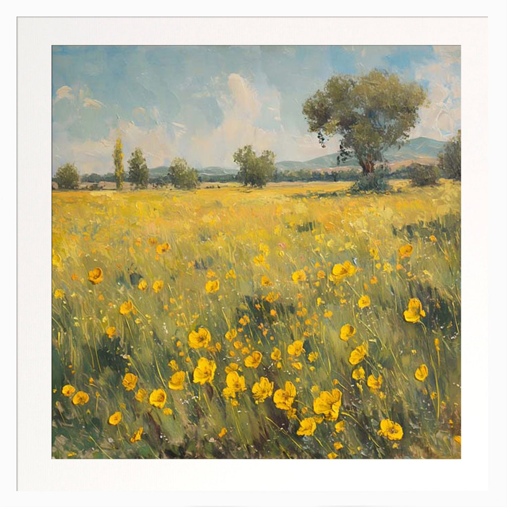 Painting of a field with yellow flowers and trees in the background