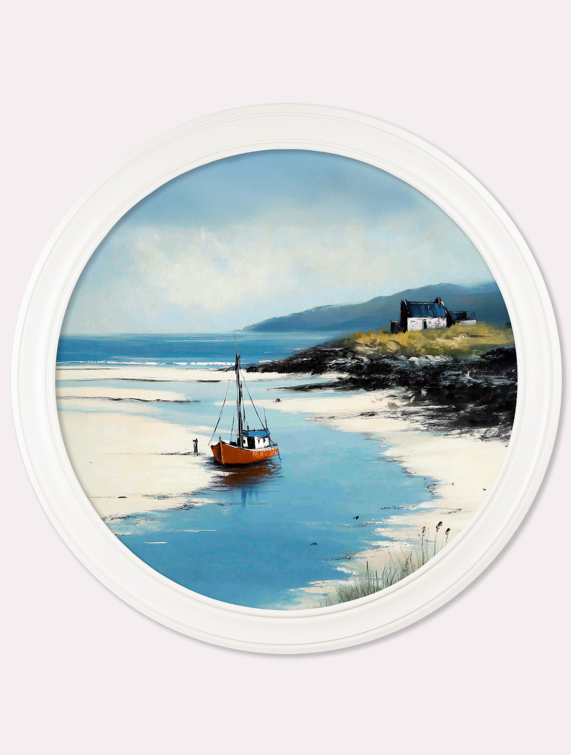 The Coastal Boat - Oxford White Round Frame