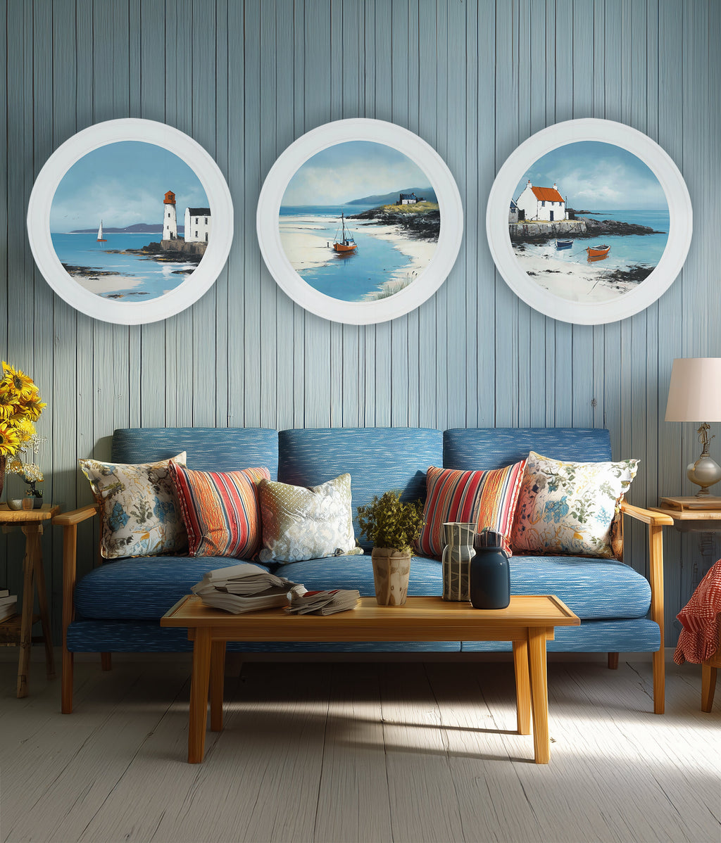 The Coastal Boat - Oxford White Round Frame