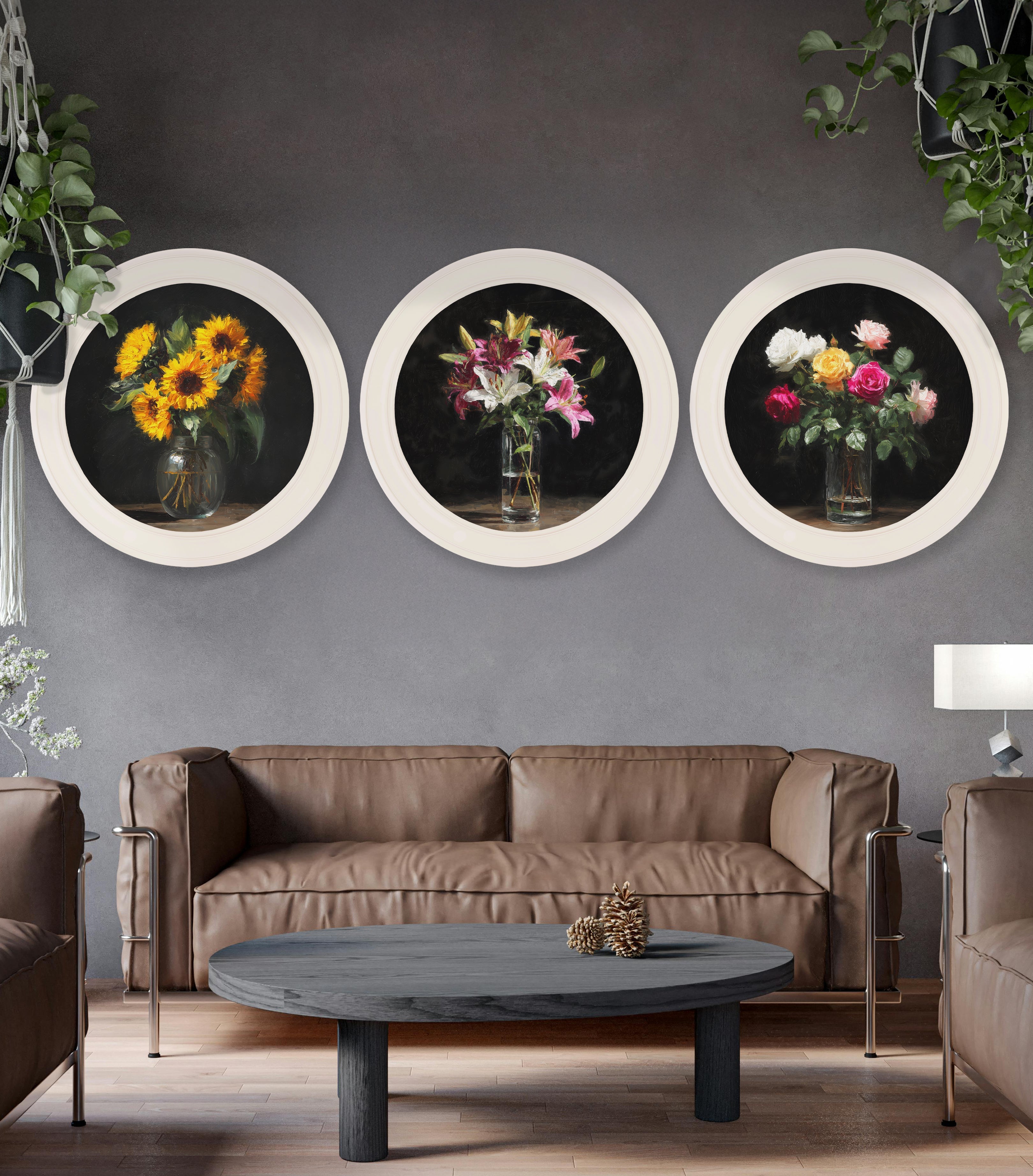 Sunflowers After Dark - Oxford Strong White Round Frame