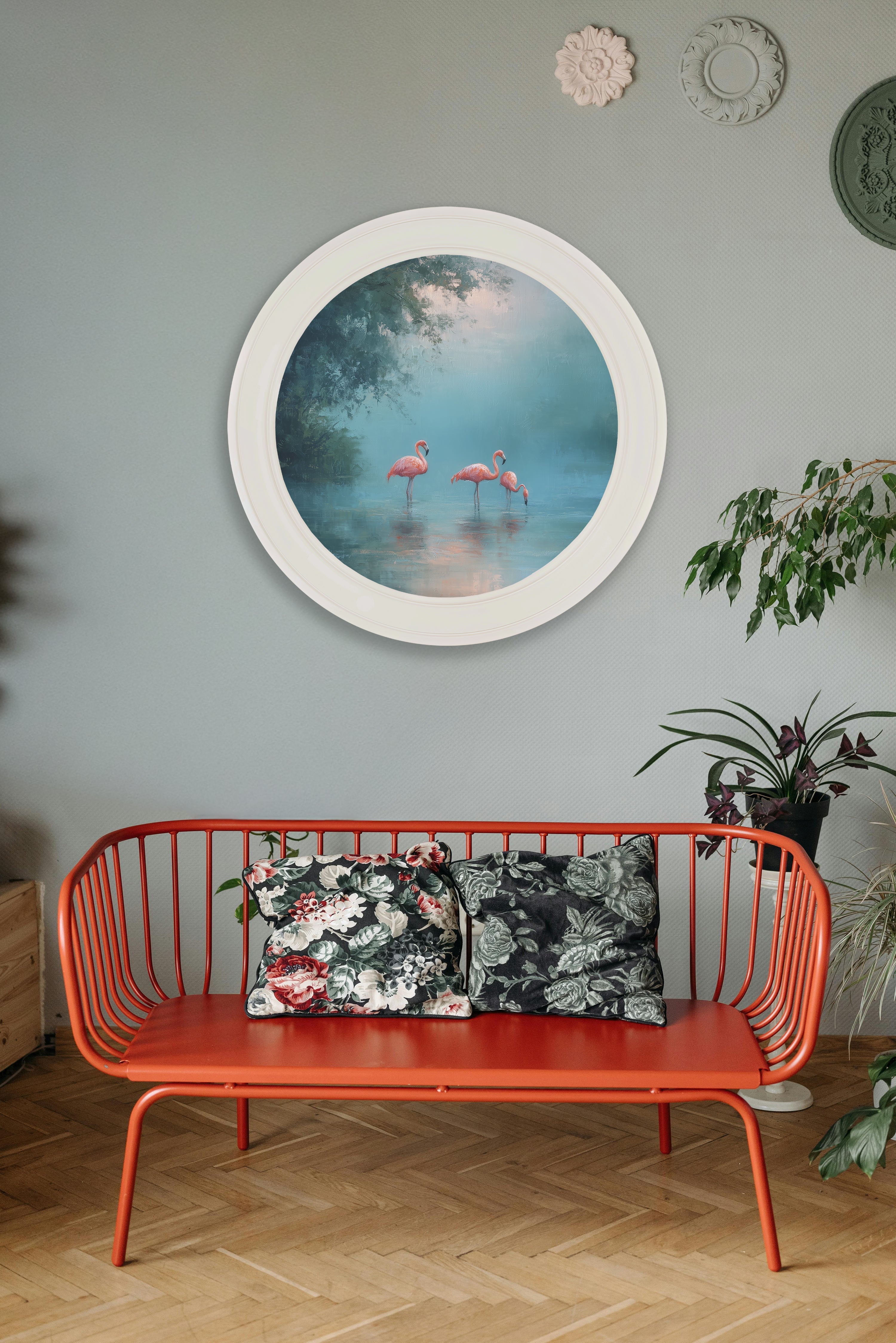 Misty Lake Flamingos - Oxford Strong White Round Frame