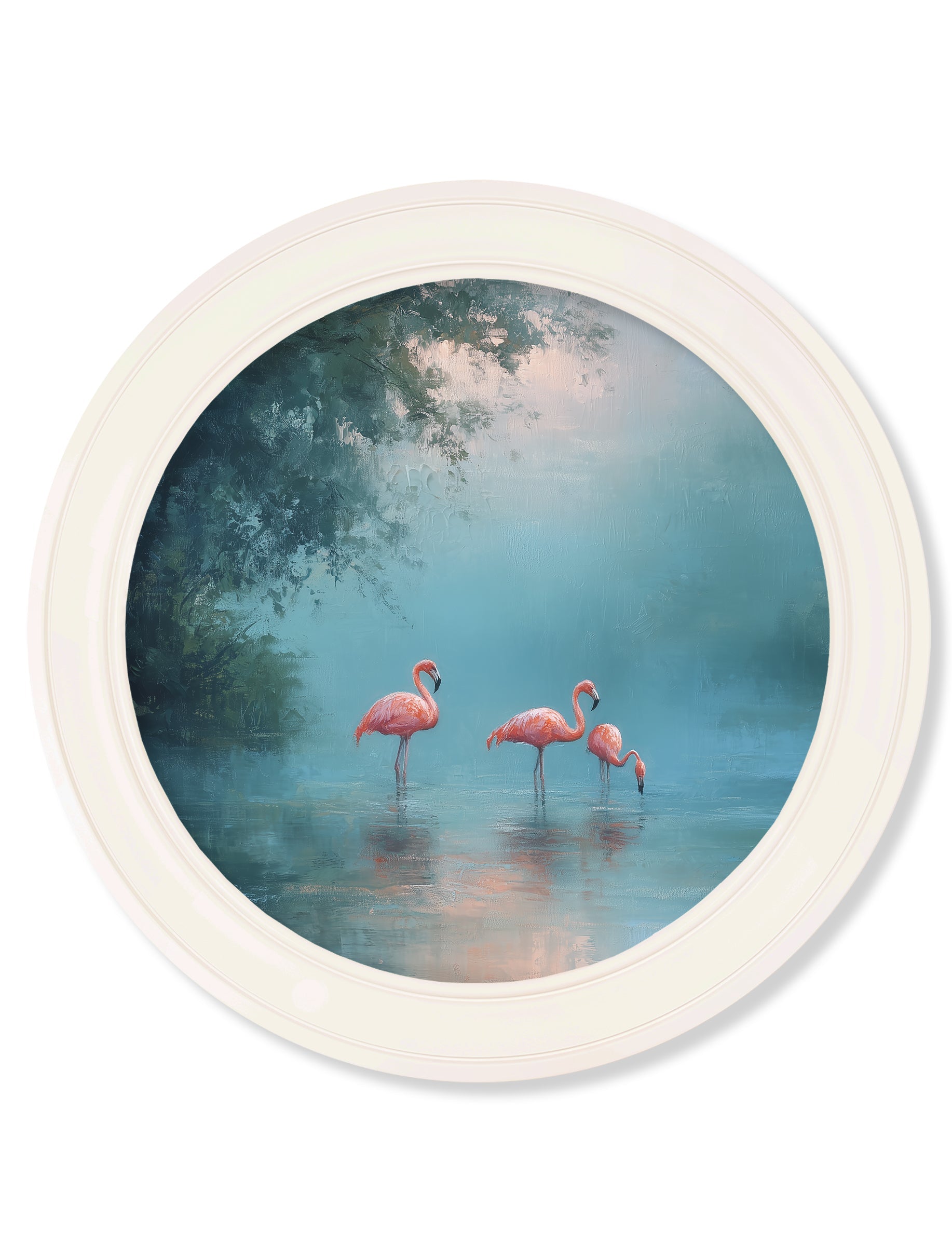 Misty Lake Flamingos - Oxford Strong White Round Frame