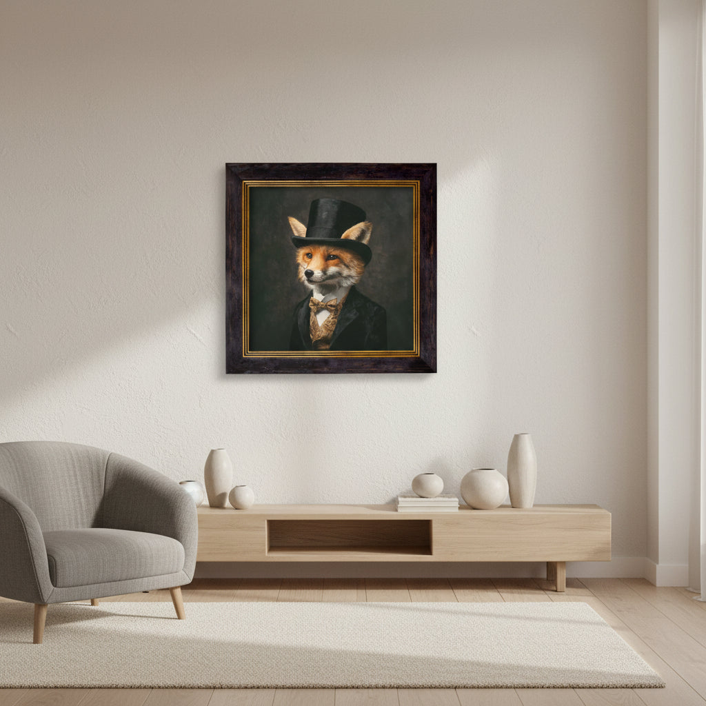 Framed artwork of a fox wearing a top hat and suit on a white background