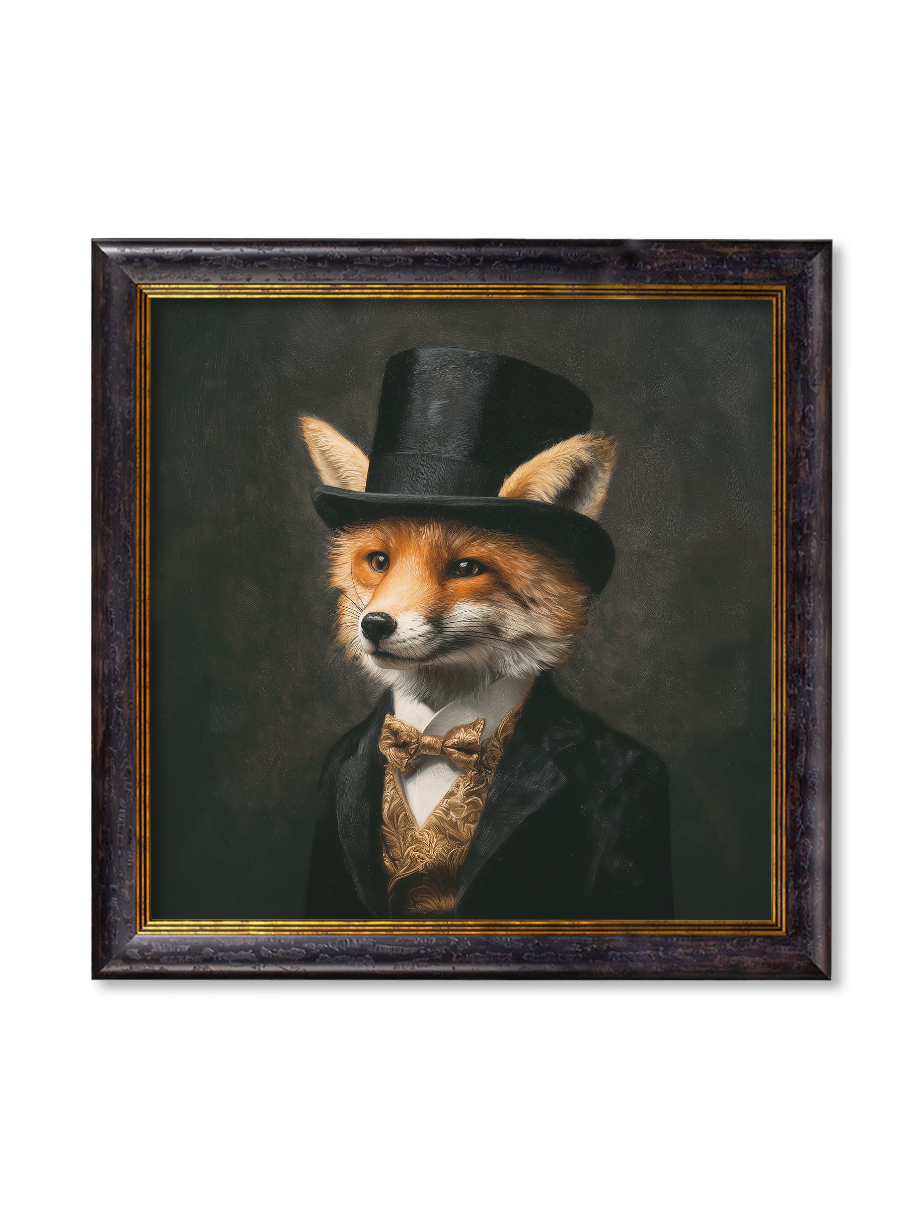 Framed artwork of a fox wearing a top hat and bow tie on a dark background