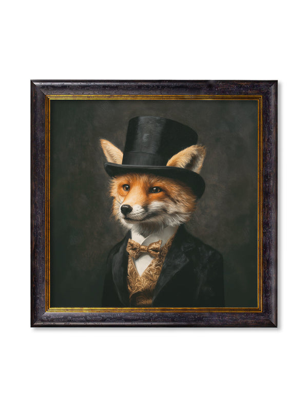 Framed artwork of a fox wearing a top hat and bow tie on a dark background