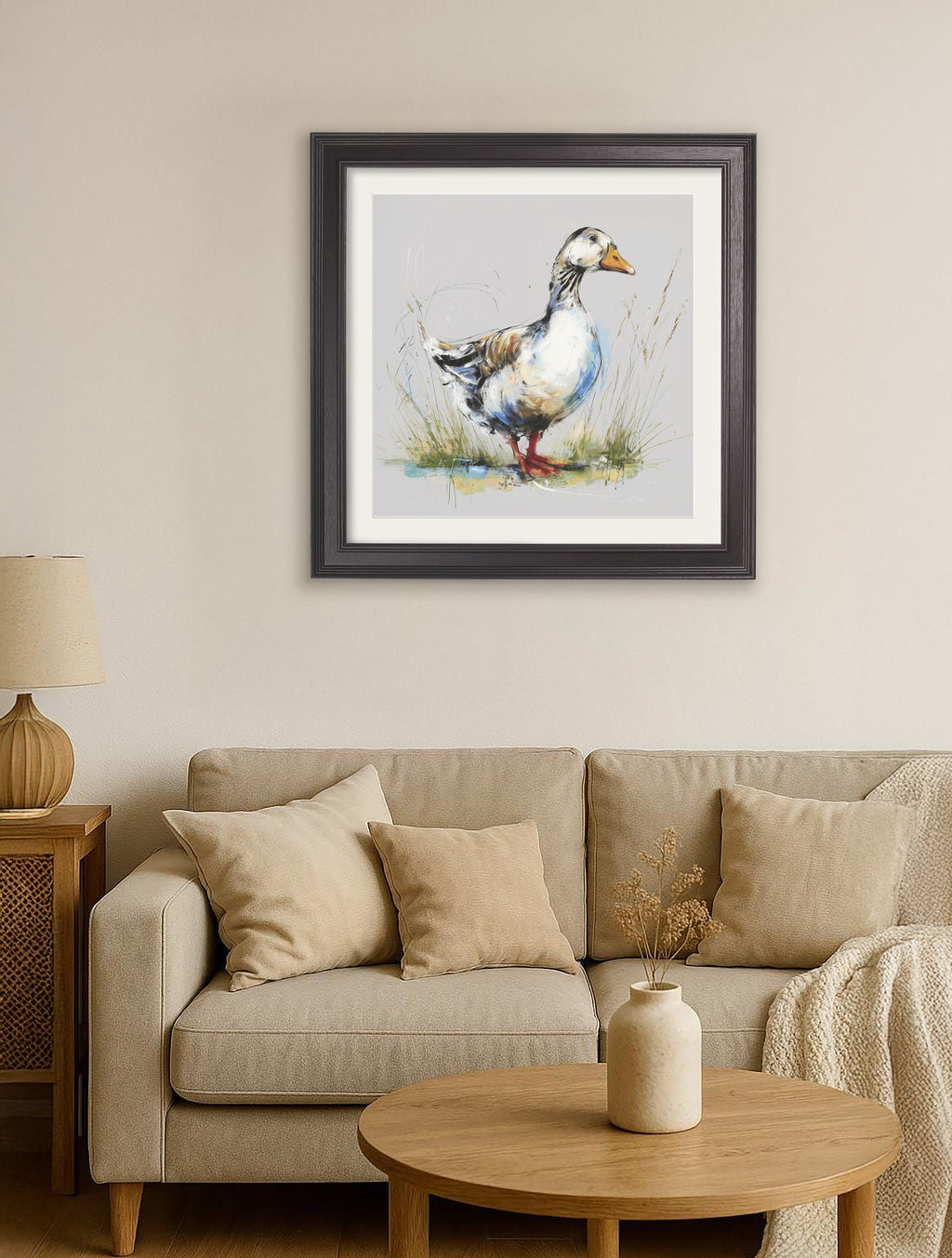 White Goose | Cosy Sketch Art Print in Black Hurstwood Square Frame