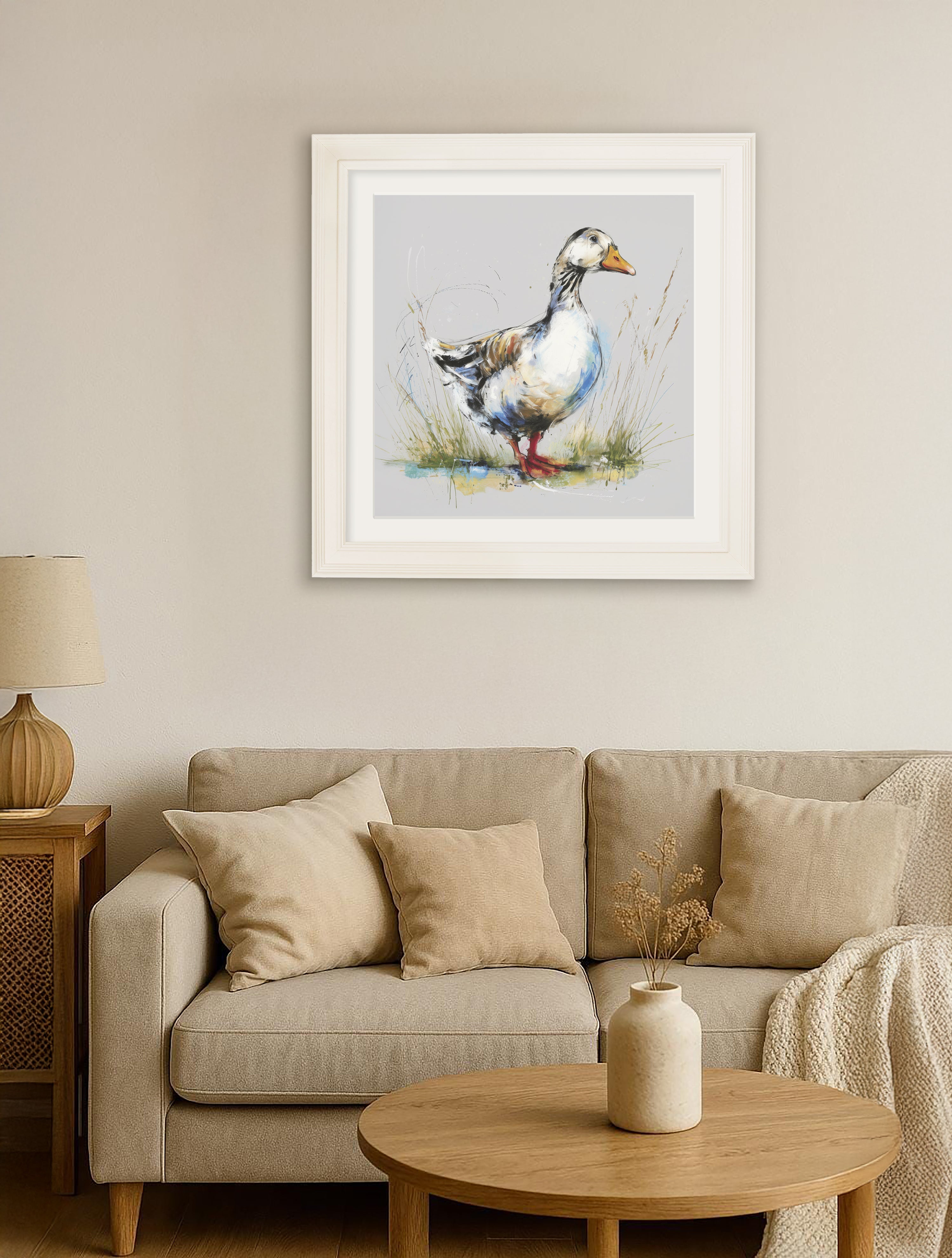 White Goose | Cosy Sketch Art Print in Cream Hurstwood Square Frame