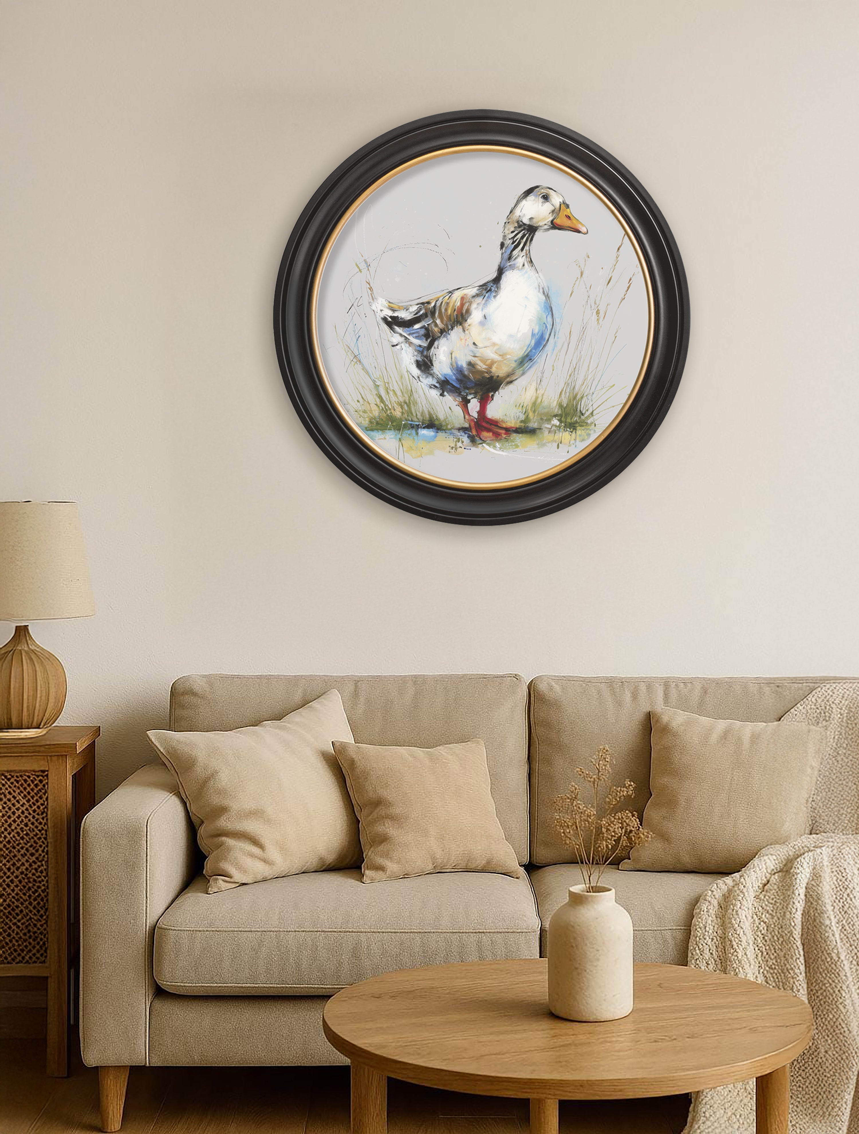 White Goose | Cosy Sketch Art Print in Oxford Round Frame