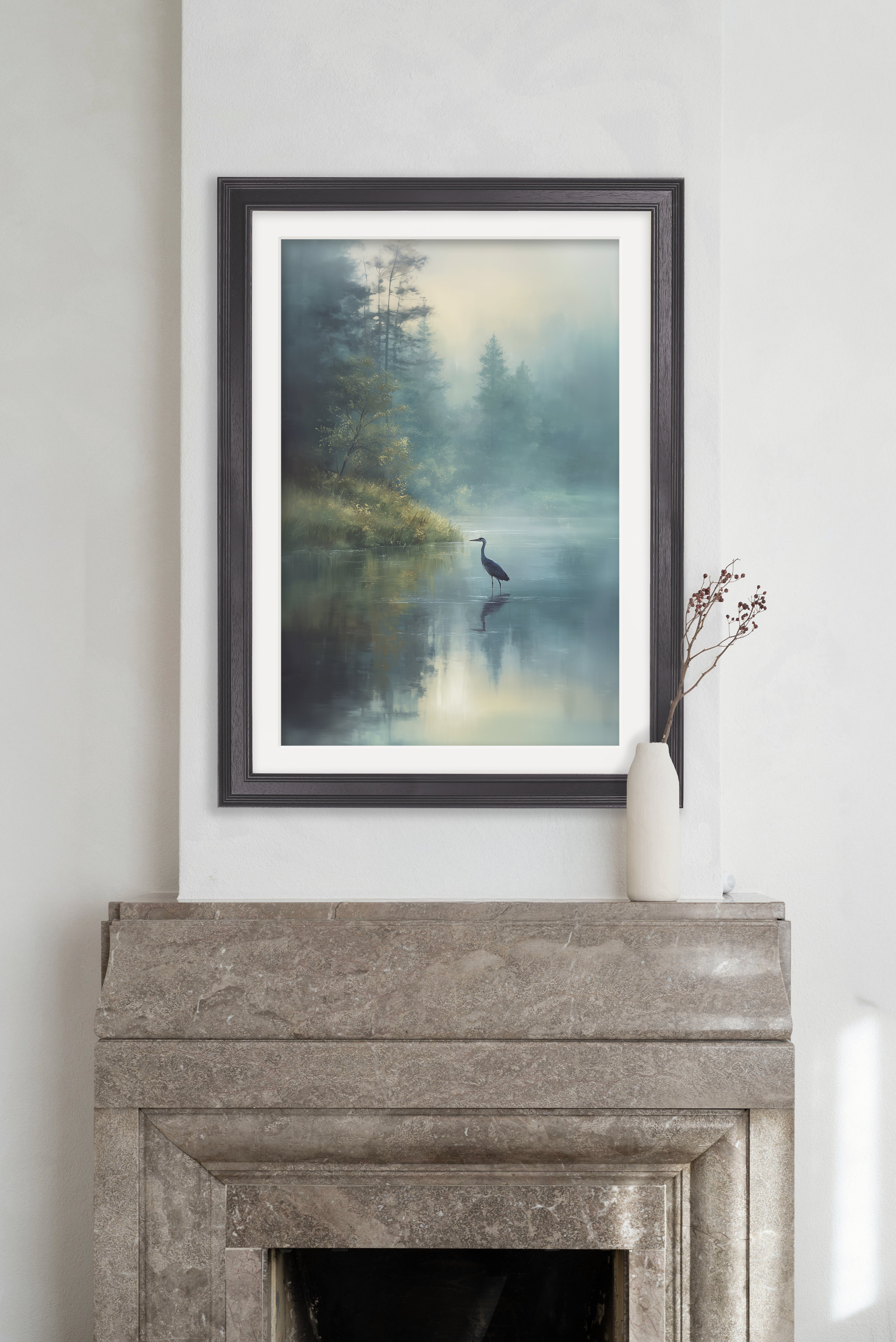 Misty Lake Heron - Black Hurstwood Frame