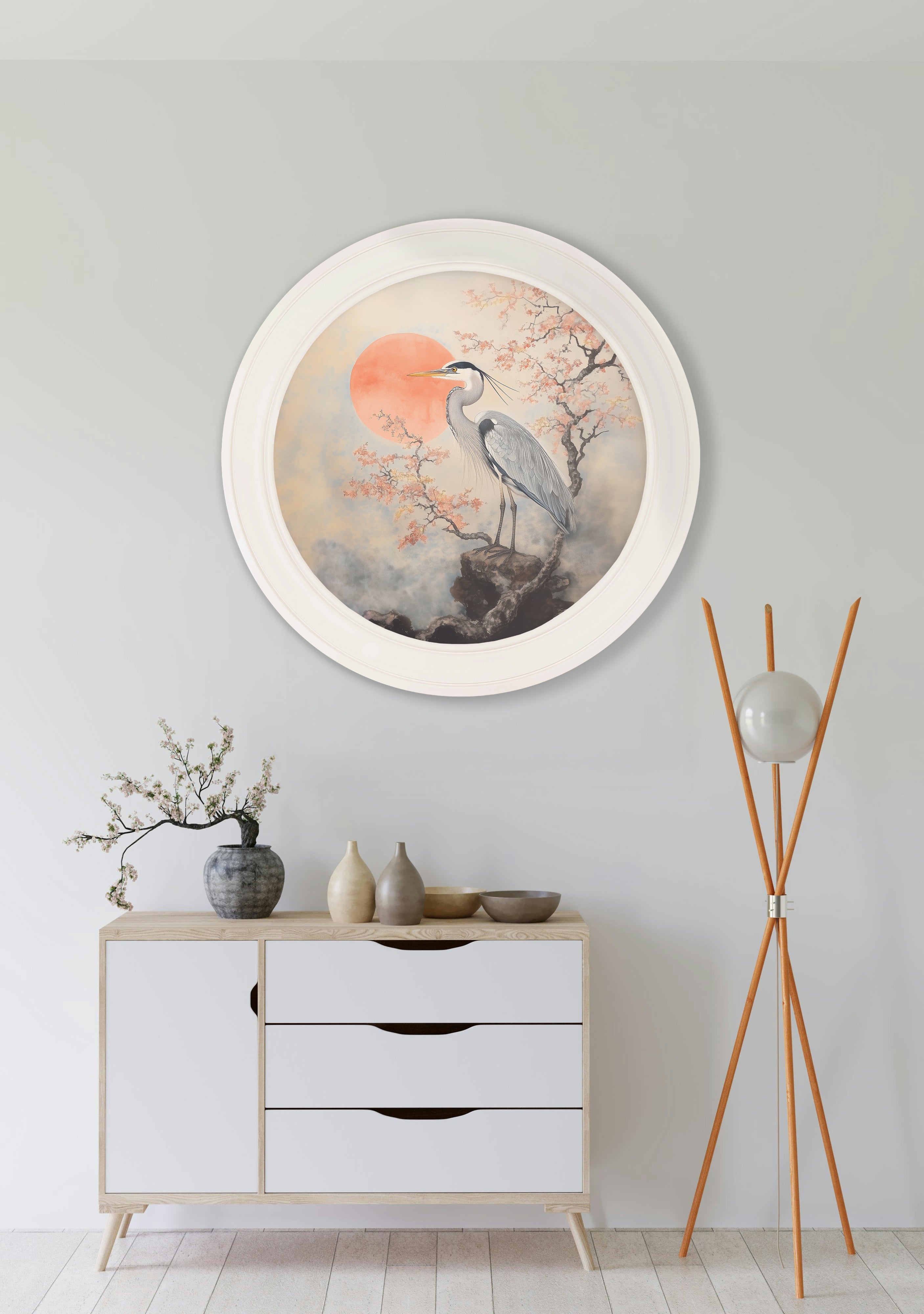Japanese Twin Herons - Oxford Strong White Round Frame