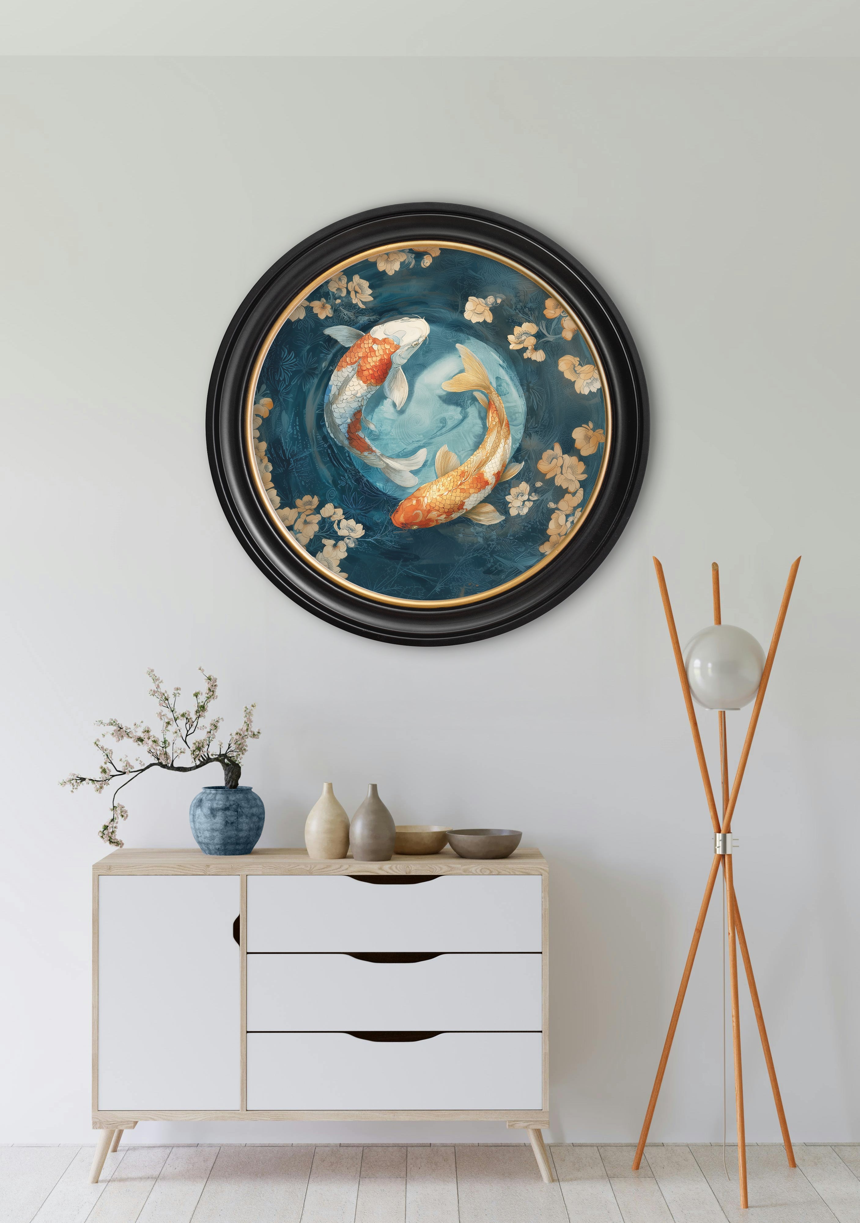Japanese Koi Carps Dawn -  Oxford Round Frame