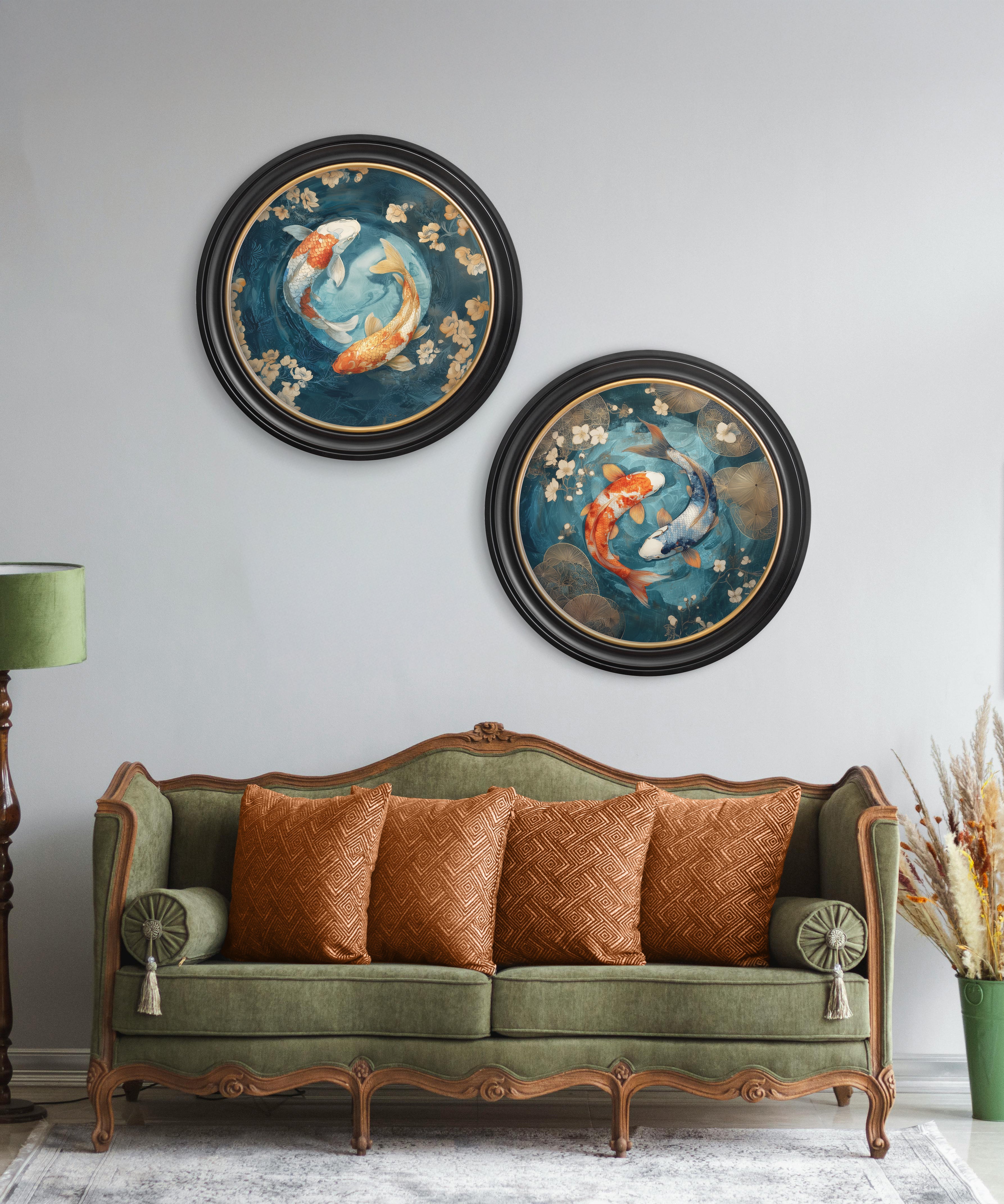 Japanese Koi Carps Dusk -  Oxford Round Frame