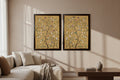 Two framed artworks with floral and bird designs on a beige background