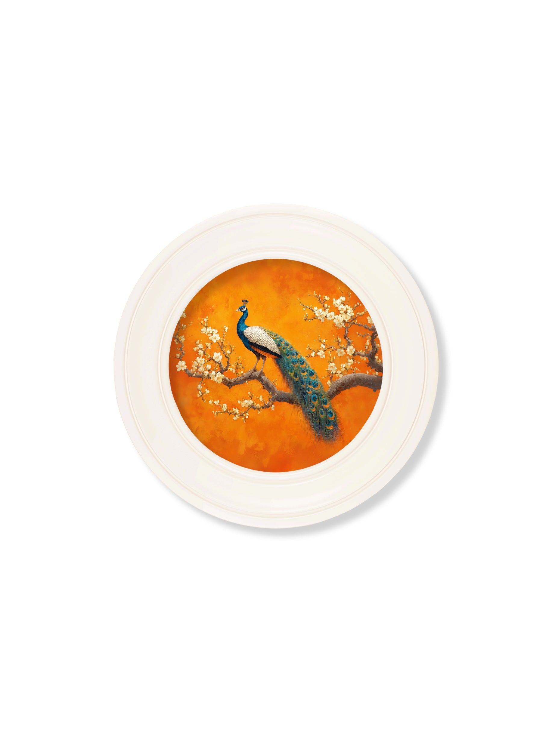 Peacocks In Saffron Garden - Oxford Strong White Round Frame