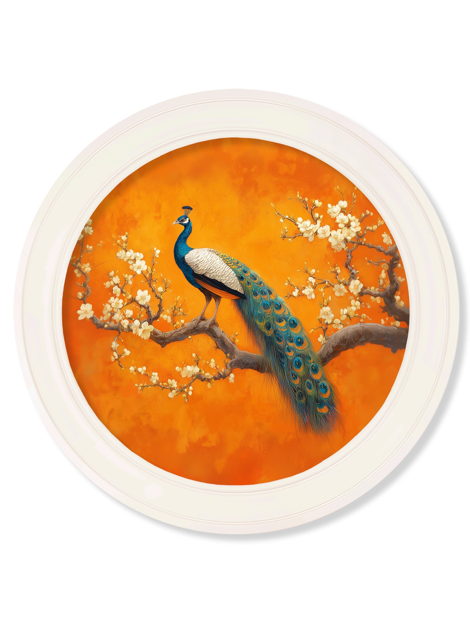 Peacocks In Saffron Garden - Oxford Strong White Round Frame