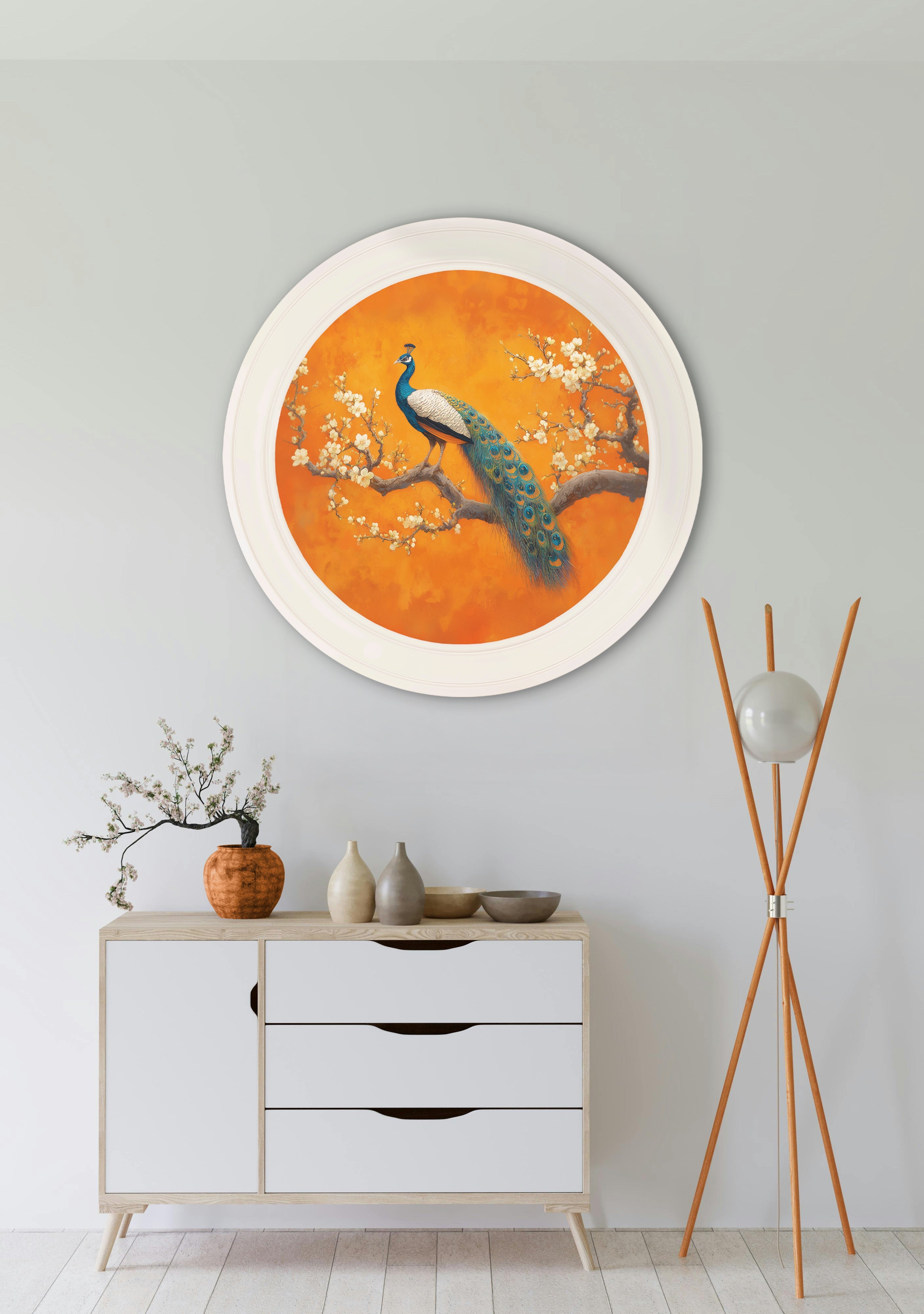 Peacocks In Saffron Garden - Oxford Strong White Round Frame