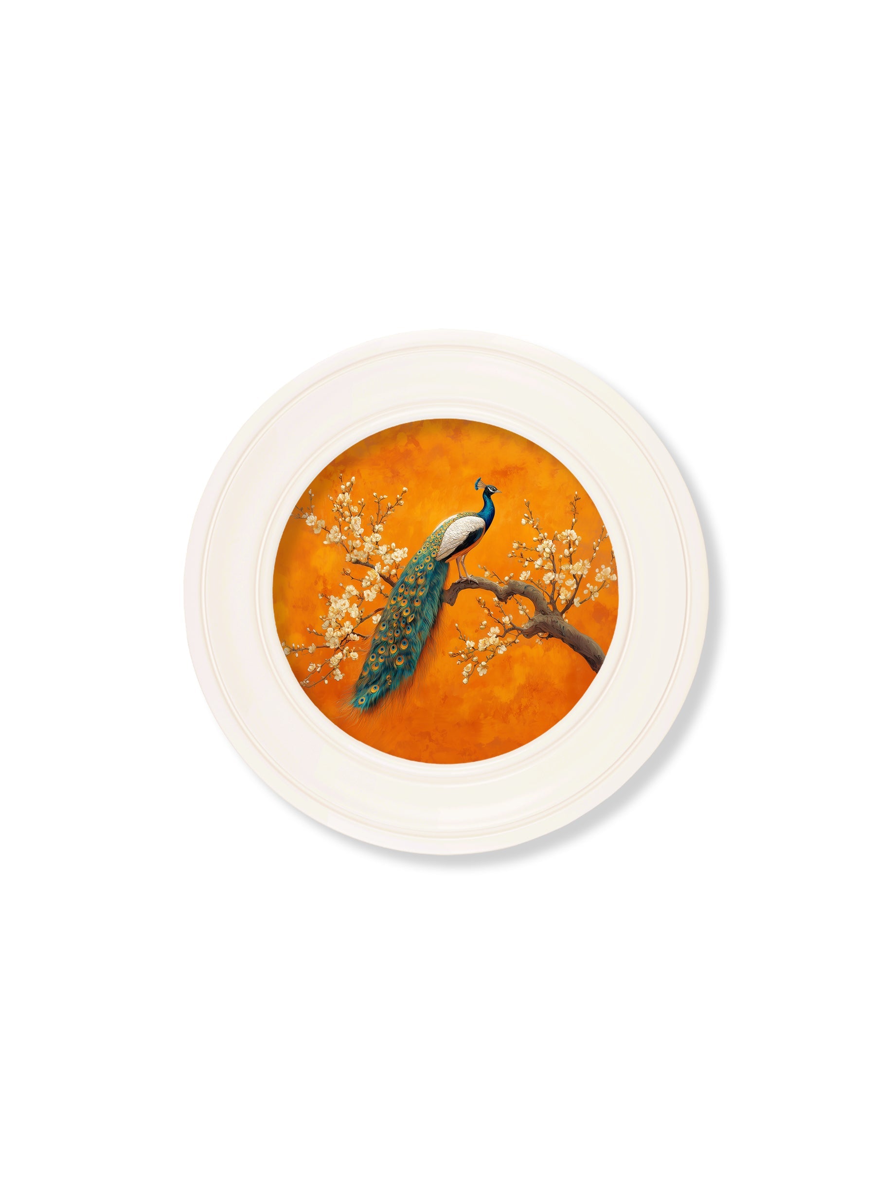 Peacocks In Saffron Garden - Oxford Strong White Round Frame