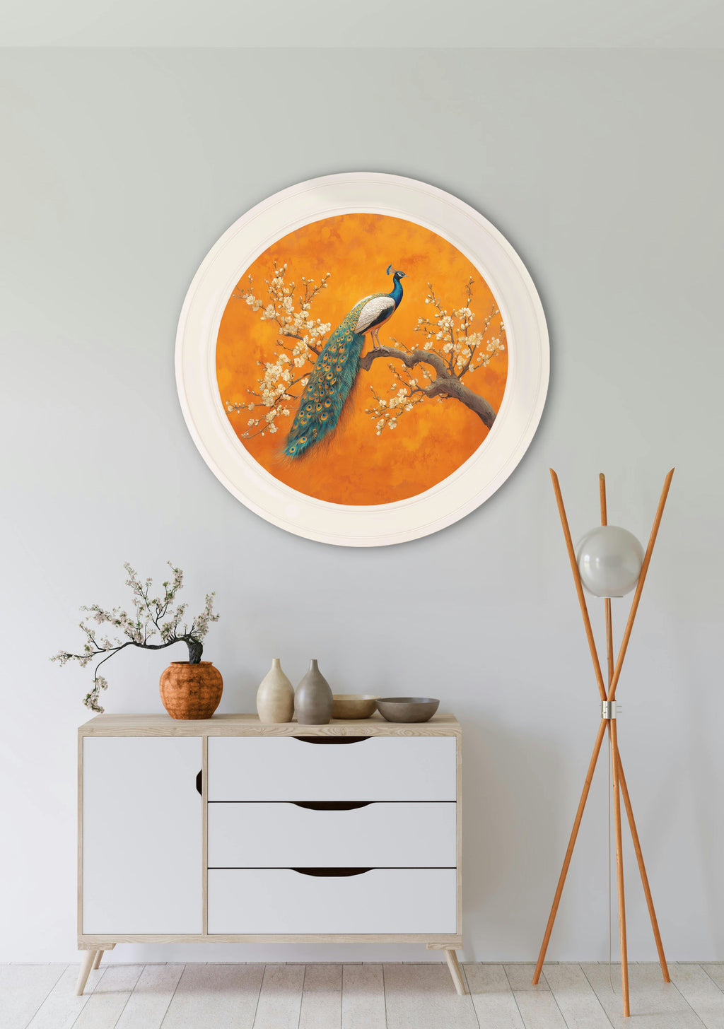 Peacocks In Saffron Garden - Oxford Strong White Round Frame