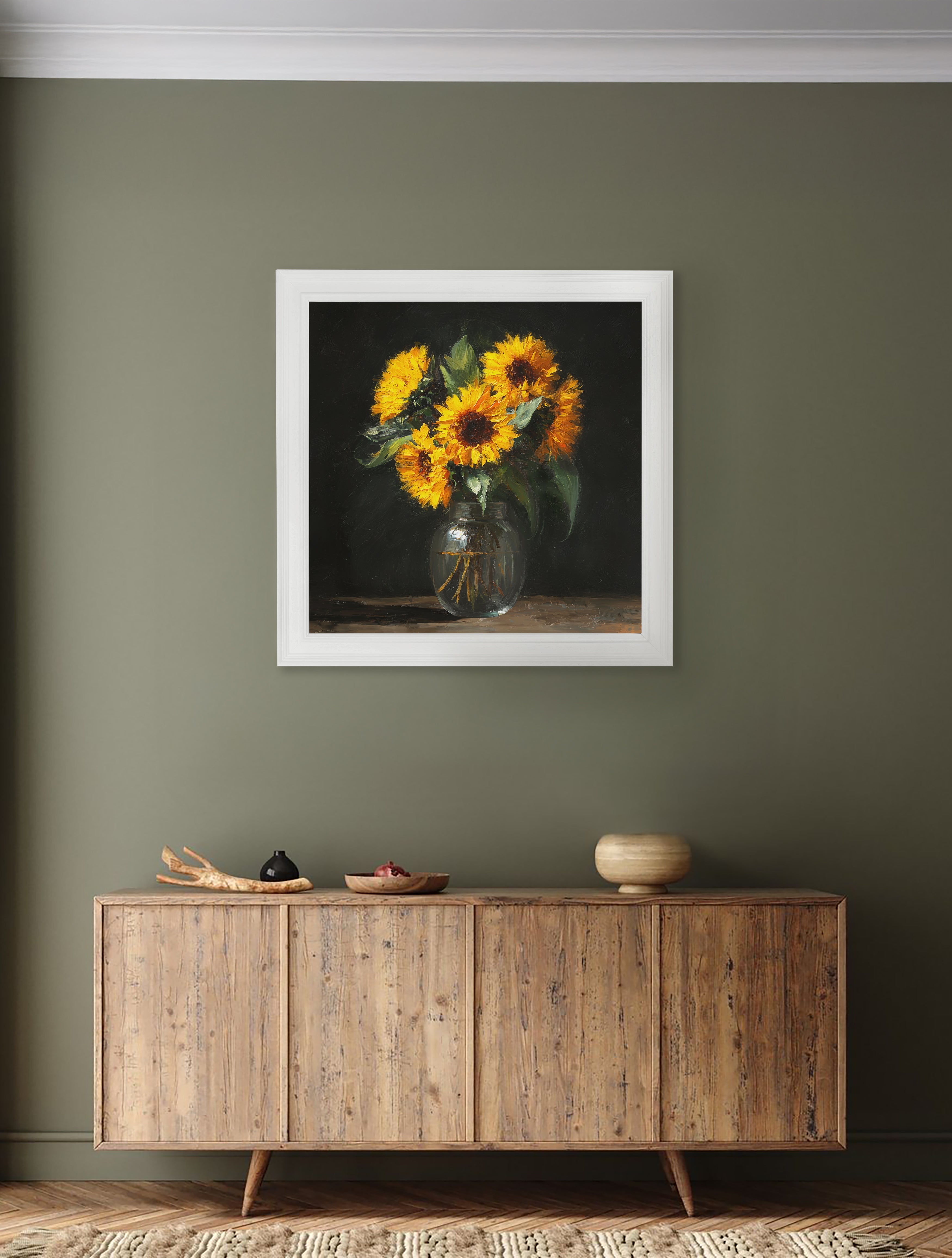 Sunflowers After Dark - White Hurstwood Square Frame