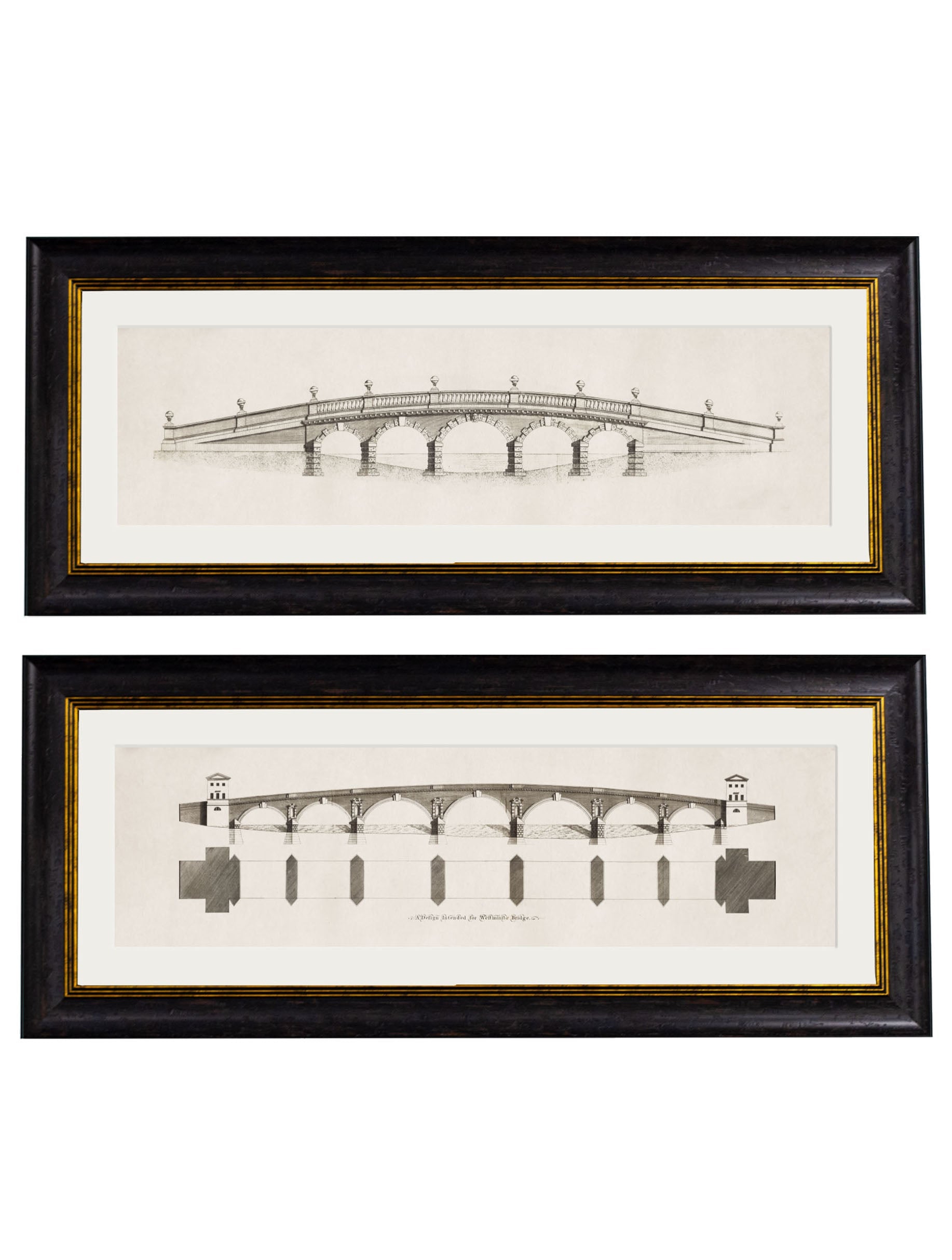 Two framed architectural drawings of bridges on a white background