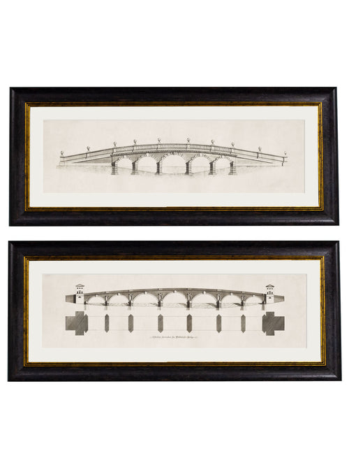 Two framed architectural drawings of bridges on a white background
